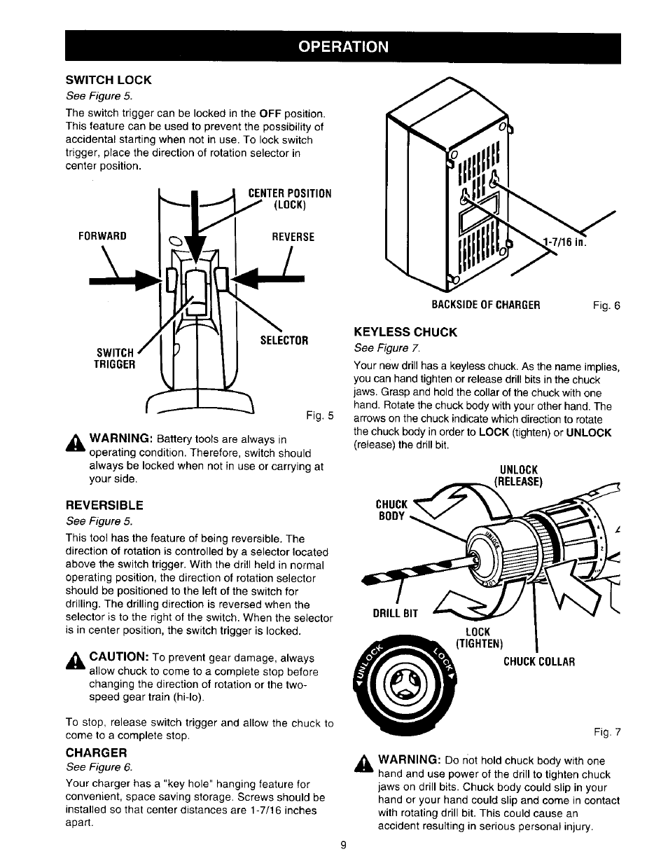 Switch lock, Reversible, Charger | Keyless chuck, Operation | Craftsman 315.271350 User Manual | Page 9 / 16
