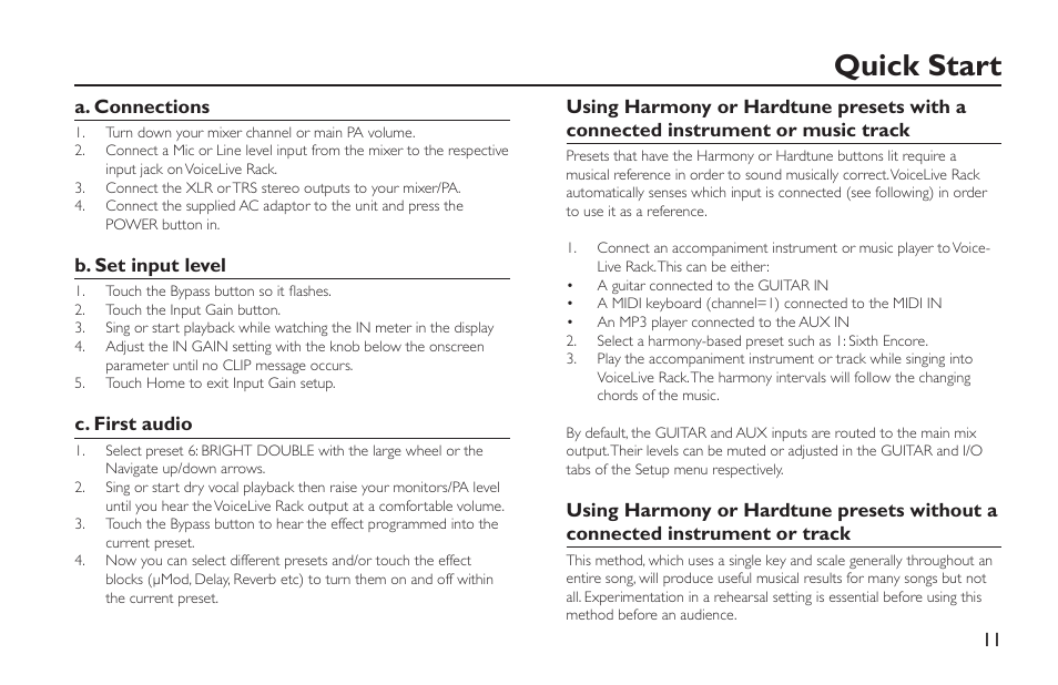 Quick start, A. connections, B. set input level | C. first audio | TC-Helicon VoiceLive Rack - Basics Manual User Manual | Page 11 / 19