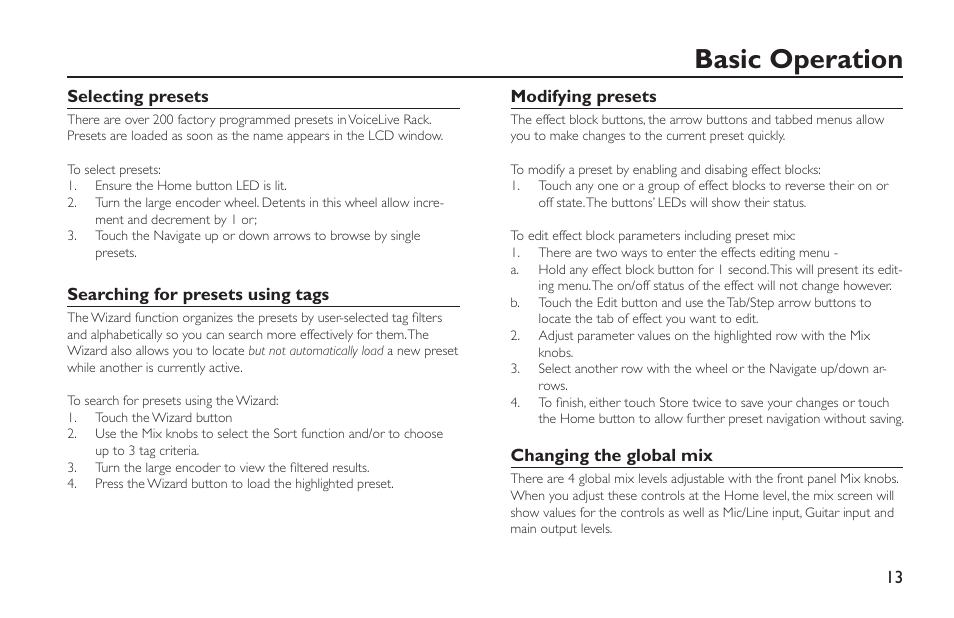 Basic operation, Selecting presets, Searching for presets using tags | Modifying presets, Changing the global mix | TC-Helicon VoiceLive Rack - Basics Manual User Manual | Page 13 / 19