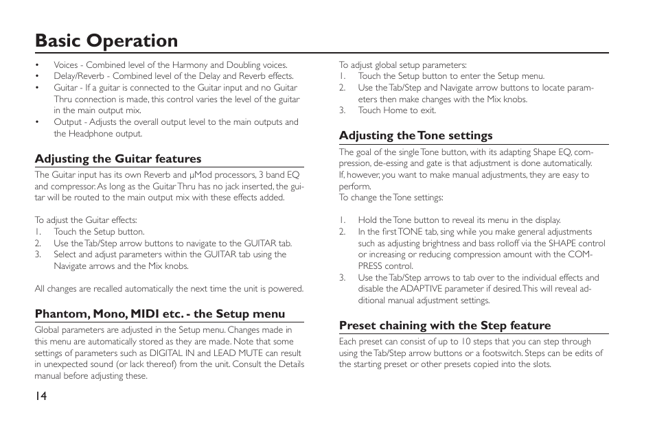 Adjusting the guitar features, Phantom, mono, midi etc. - the setup menu, Adjusting the tone settings | Preset chaining with the step feature, Basic operation | TC-Helicon VoiceLive Rack - Basics Manual User Manual | Page 14 / 19