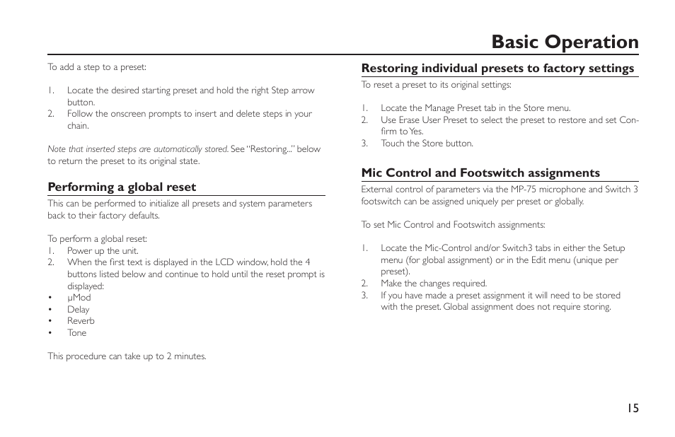 Performing a global reset, Restoring individual presets to factory settings, Mic control and footswitch assignments | Basic operation | TC-Helicon VoiceLive Rack - Basics Manual User Manual | Page 15 / 19