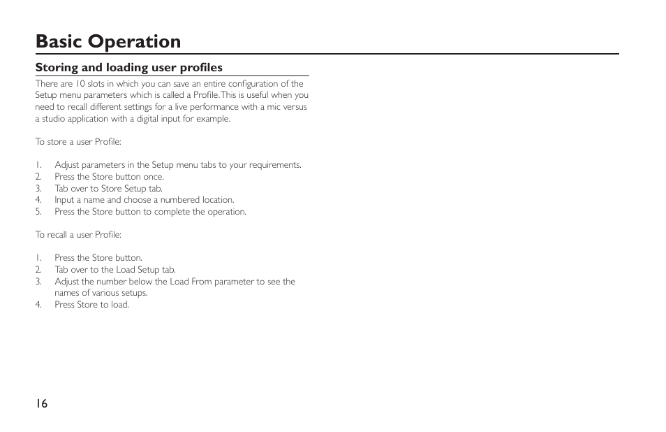 Storing and loading user profiles, Basic operation | TC-Helicon VoiceLive Rack - Basics Manual User Manual | Page 16 / 19