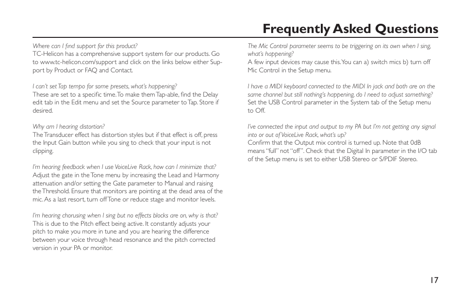 Frequently asked questions | TC-Helicon VoiceLive Rack - Basics Manual User Manual | Page 17 / 19