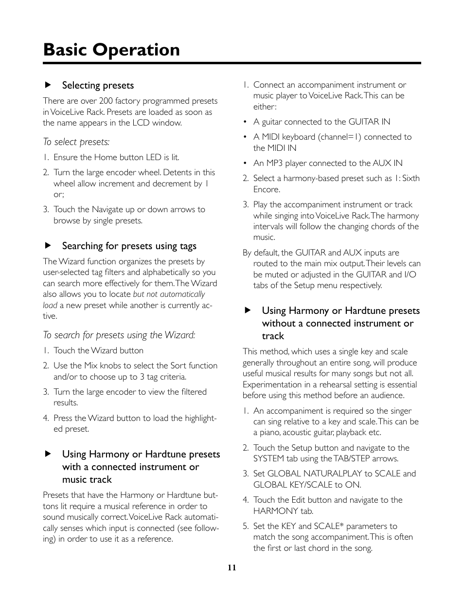 Basic operation, Selecting presets, Searching for presets using tags | Selecting presets searching for presets using tags | TC-Helicon VoiceLive Rack Full User's Manual User Manual | Page 12 / 89
