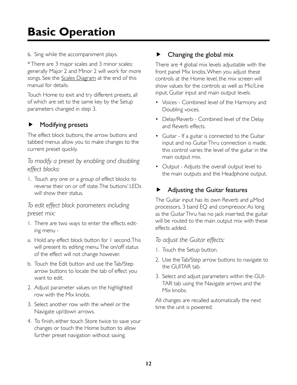 Modifying presets, Changing the global mix, Adjusting the guitar features | Basic operation | TC-Helicon VoiceLive Rack Full User's Manual User Manual | Page 13 / 89