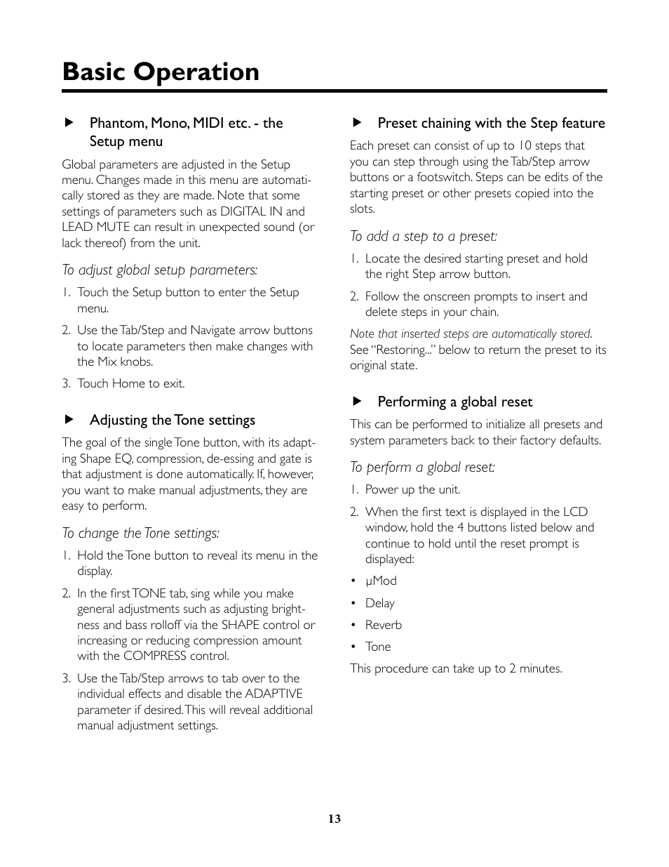 Phantom, mono, midi etc. - the setup menu, Adjusting the tone settings, Preset chaining with the step feature | Performing a global reset, Basic operation | TC-Helicon VoiceLive Rack Full User's Manual User Manual | Page 14 / 89