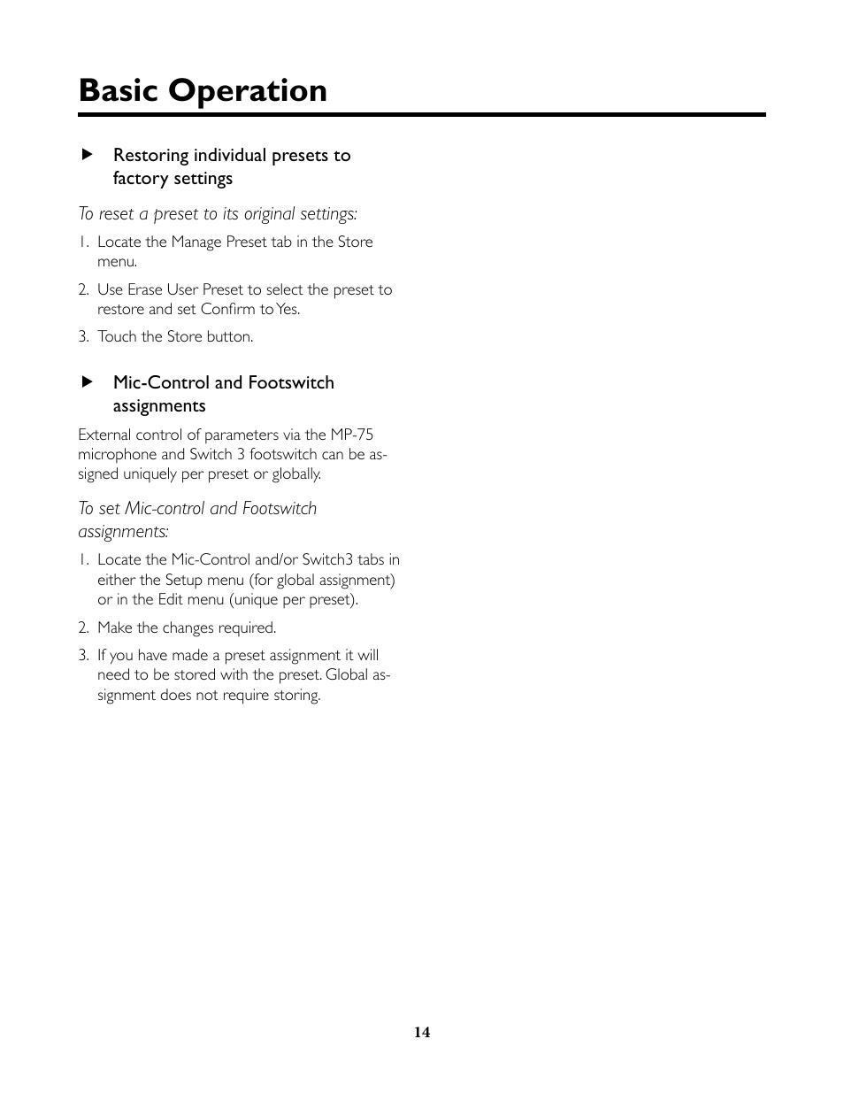 Restoring individual presets to factory settings, Mic-control and footswitch assignments, Basic operation | TC-Helicon VoiceLive Rack Full User's Manual User Manual | Page 15 / 89