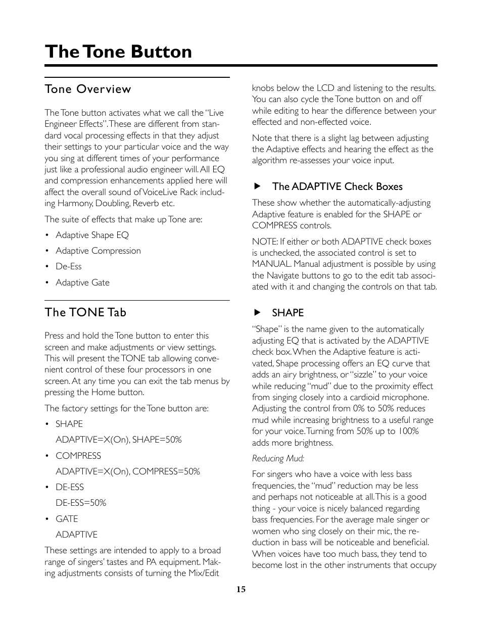 The tone button, Tone overview, The tone tab | The adaptive check boxes, Shape | TC-Helicon VoiceLive Rack Full User's Manual User Manual | Page 16 / 89