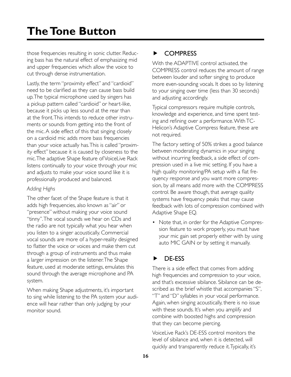 Compress, De-ess, Compress de-ess | The tone button | TC-Helicon VoiceLive Rack Full User's Manual User Manual | Page 17 / 89