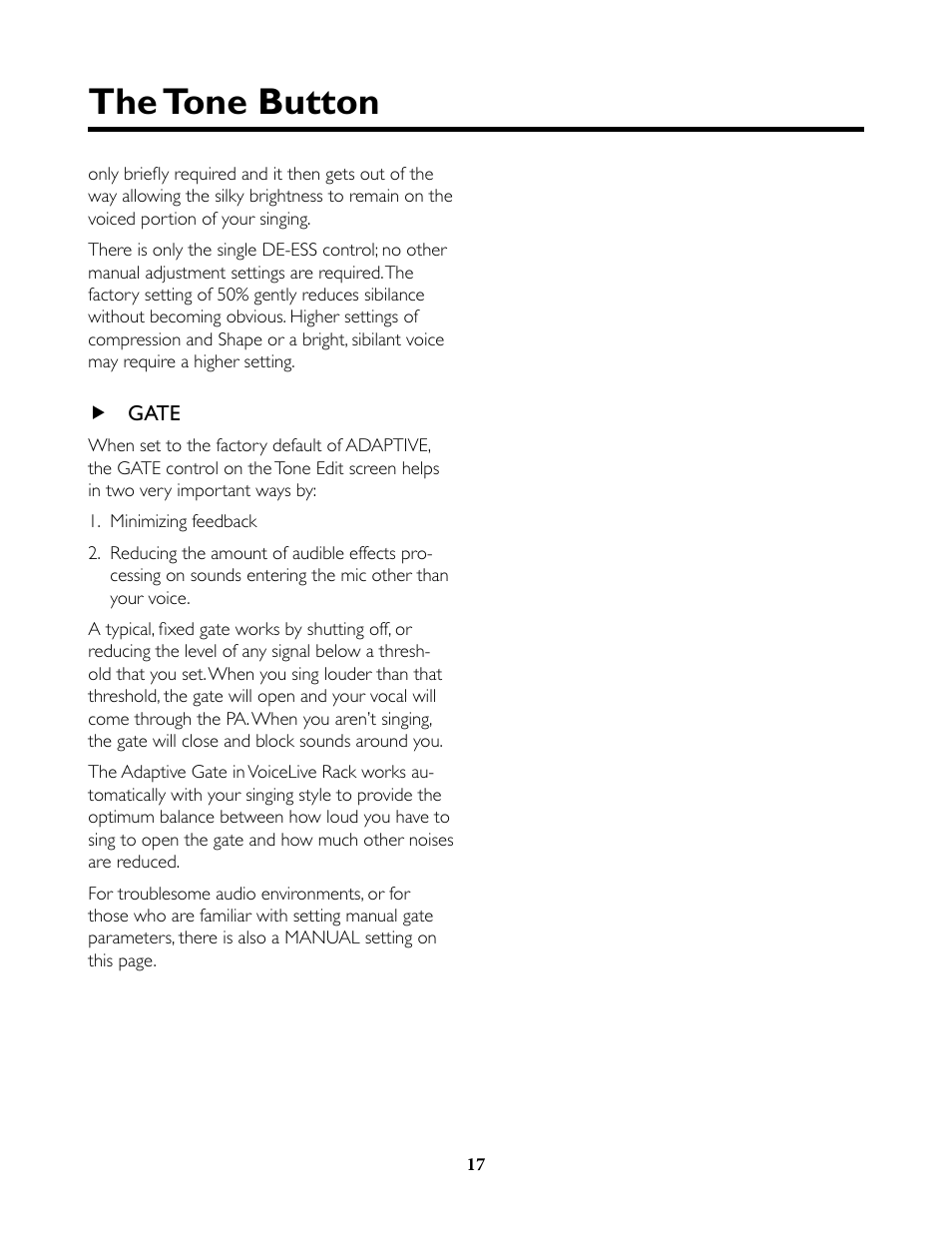 Gate, The tone button | TC-Helicon VoiceLive Rack Full User's Manual User Manual | Page 18 / 89