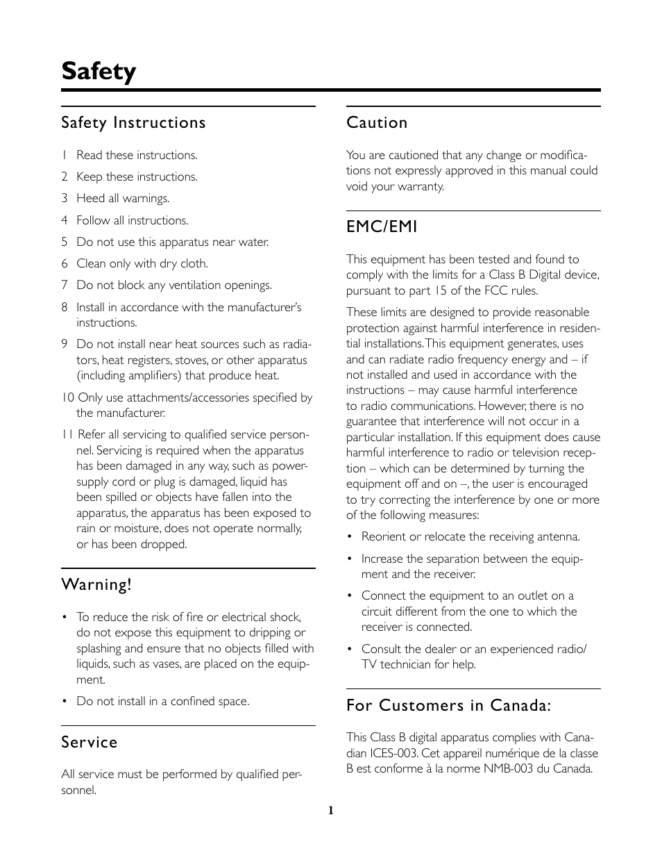 Safety, Safety instructions, Warning | Service, Caution, Emc/emi, For customers in canada | TC-Helicon VoiceLive Rack Full User's Manual User Manual | Page 2 / 89