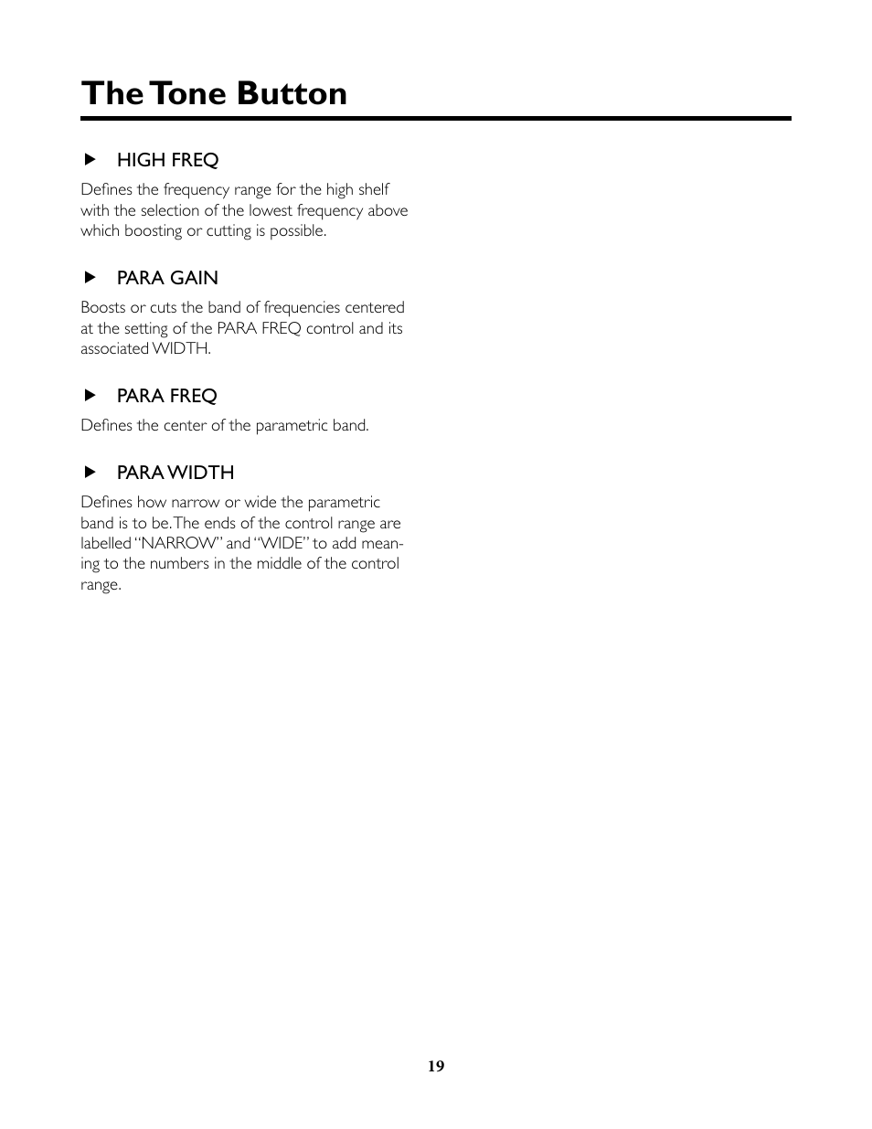 High freq, Para gain, Para freq | Para width, High freq para gain para freq para width, The tone button | TC-Helicon VoiceLive Rack Full User's Manual User Manual | Page 20 / 89