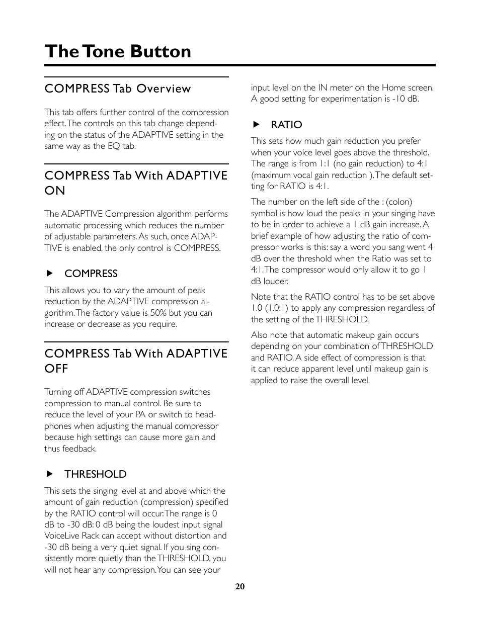 Compress tab overview, Compress tab with adaptive on, Compress | Compress tab with adaptive off, Threshold, Ratio, The tone button | TC-Helicon VoiceLive Rack Full User's Manual User Manual | Page 21 / 89