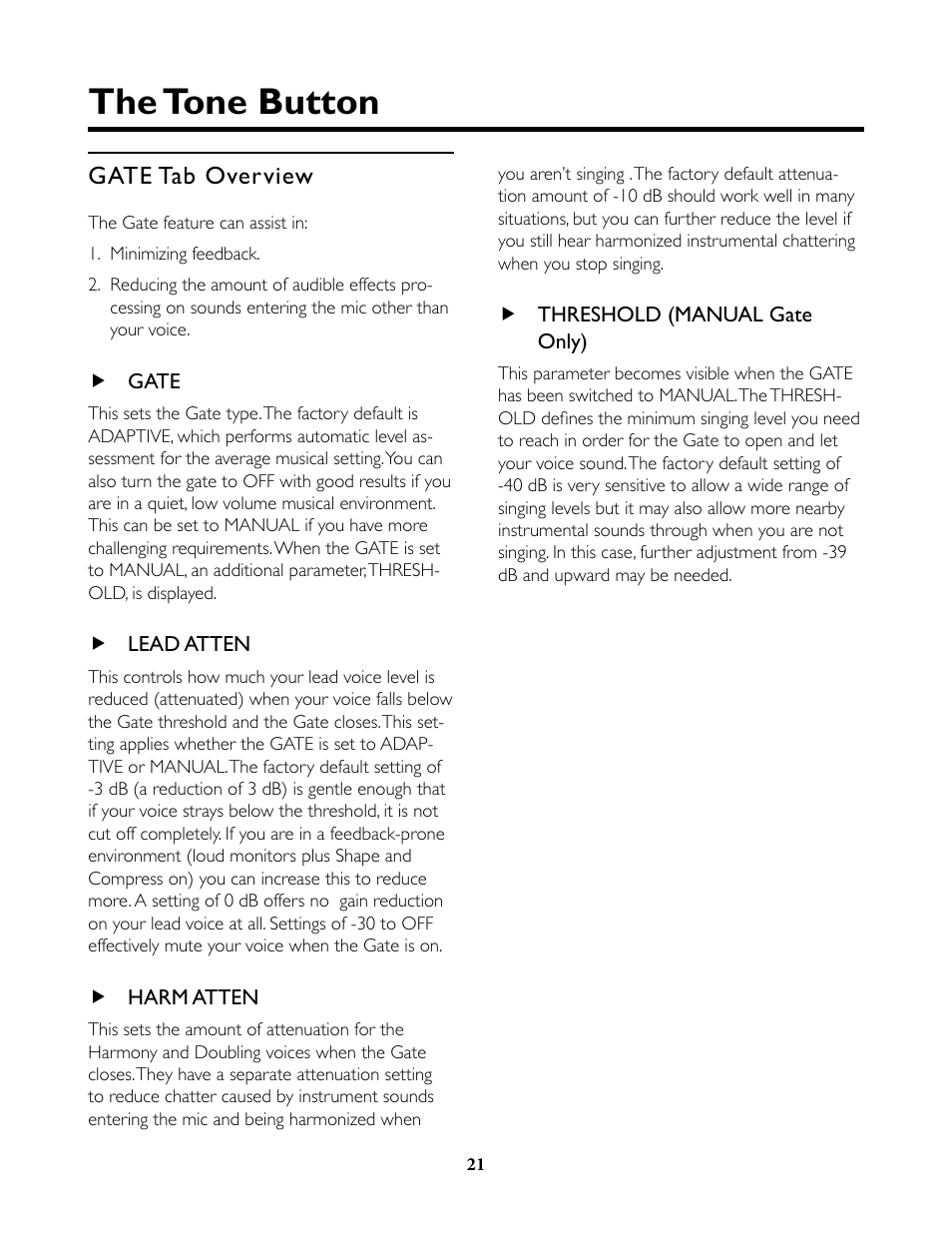 Gate tab overview, Gate, Lead atten | Harm atten, Threshold (manual gate only), The tone button | TC-Helicon VoiceLive Rack Full User's Manual User Manual | Page 22 / 89
