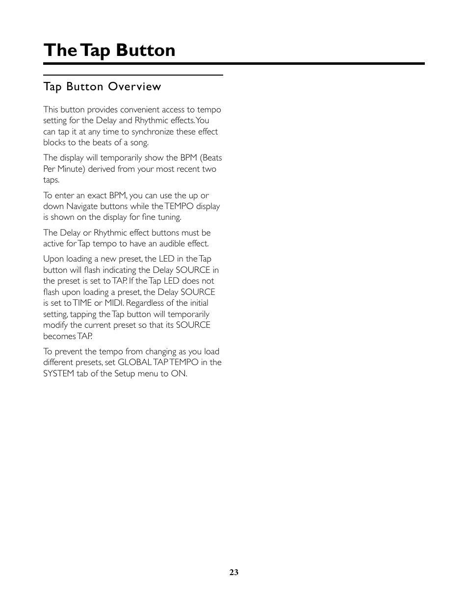 The tap button, Tap button overview | TC-Helicon VoiceLive Rack Full User's Manual User Manual | Page 24 / 89