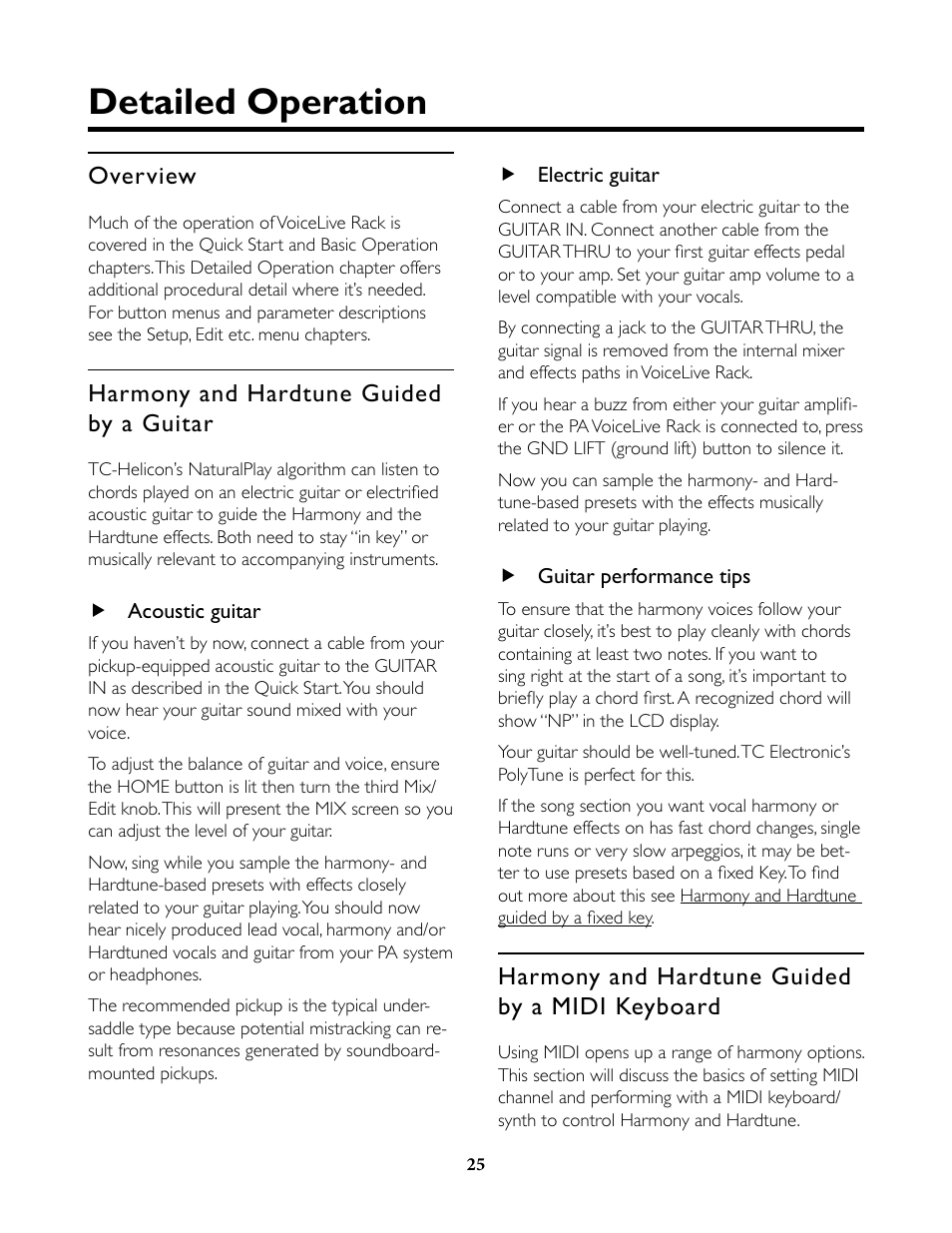 Detailed operation, Overview, Harmony and hardtune guided by a guitar | Acoustic guitar, Electric guitar, Guitar performance tips, Harmony and hardtune guided by a midi keyboard | TC-Helicon VoiceLive Rack Full User's Manual User Manual | Page 26 / 89