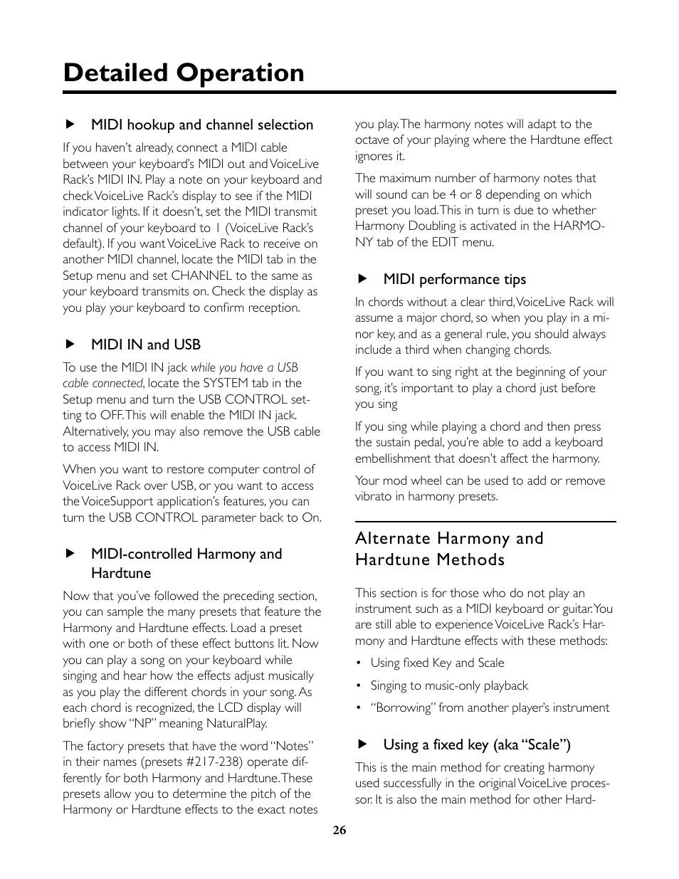 Midi hookup and channel selection, Midi in and usb, Midi-controlled harmony and hardtune | Midi performance tips, Alternate harmony and hardtune methods, Using a fixed key (aka “scale”), Detailed operation | TC-Helicon VoiceLive Rack Full User's Manual User Manual | Page 27 / 89