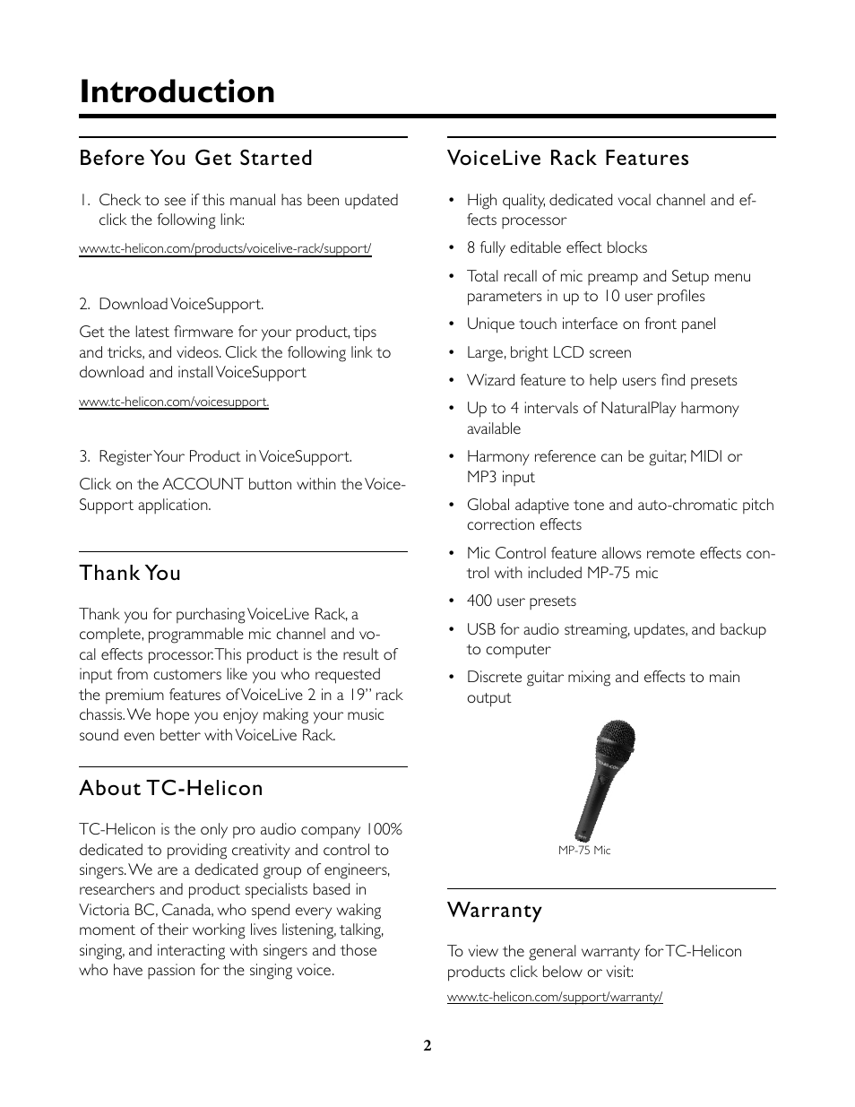 Introduction, Warranty, Before you get started | About tc-helicon, Voicelive rack features | TC-Helicon VoiceLive Rack Full User's Manual User Manual | Page 3 / 89