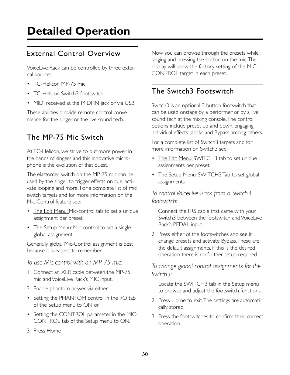 External control overview, The mp-75 mic switch, The switch3 footswitch | The mp-75 mic switch the switch3 footswitch, Detailed operation | TC-Helicon VoiceLive Rack Full User's Manual User Manual | Page 31 / 89