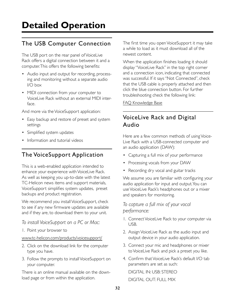 The usb computer connection, The voicesupport application, Voicelive rack and digital audio | Detailed operation | TC-Helicon VoiceLive Rack Full User's Manual User Manual | Page 33 / 89