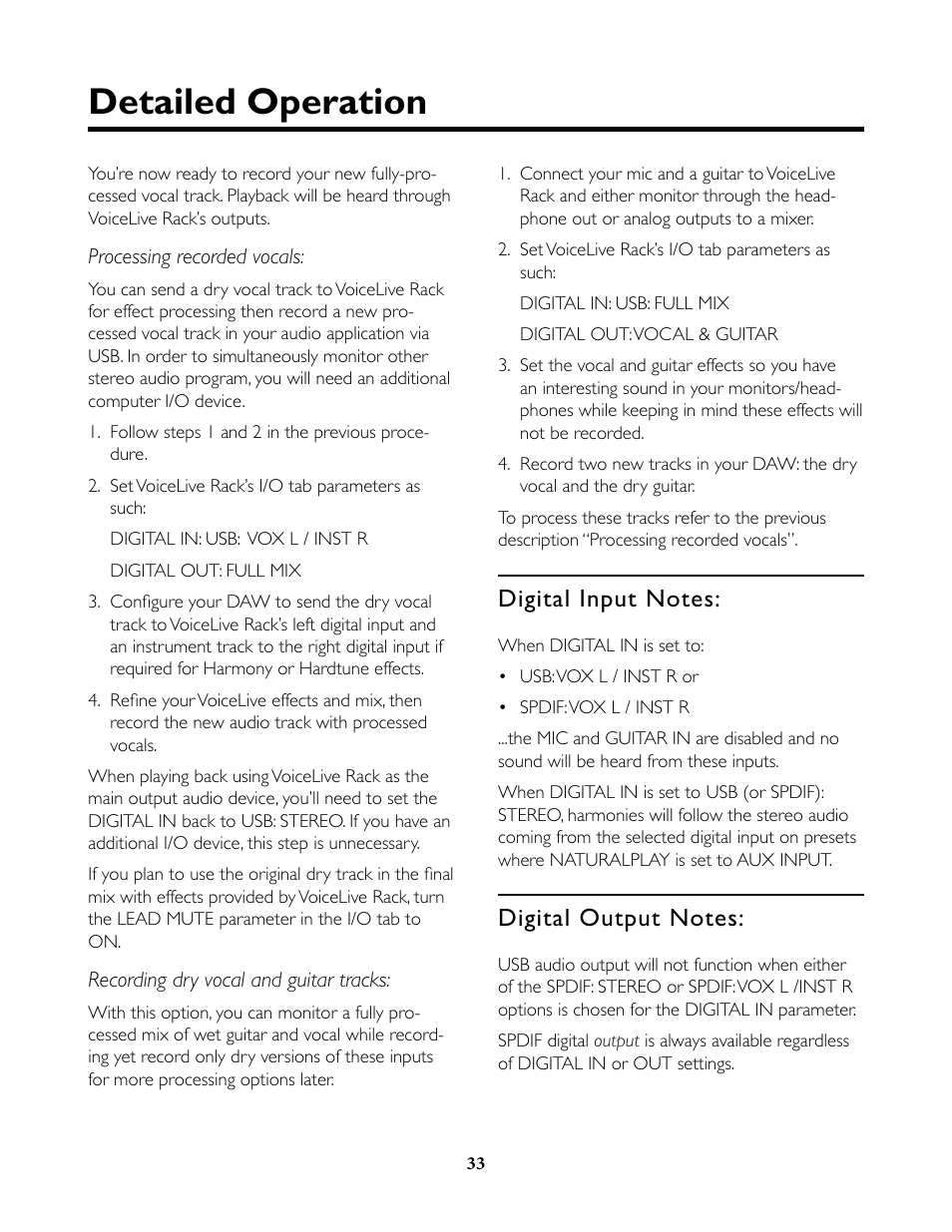 Digital input notes, Digital output notes, Digital input notes: digital output notes | Detailed operation | TC-Helicon VoiceLive Rack Full User's Manual User Manual | Page 34 / 89