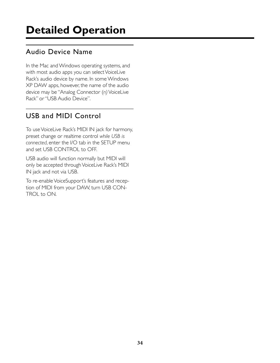 Audio device name, Usb and midi control, Audio device name usb and midi control | Detailed operation | TC-Helicon VoiceLive Rack Full User's Manual User Manual | Page 35 / 89