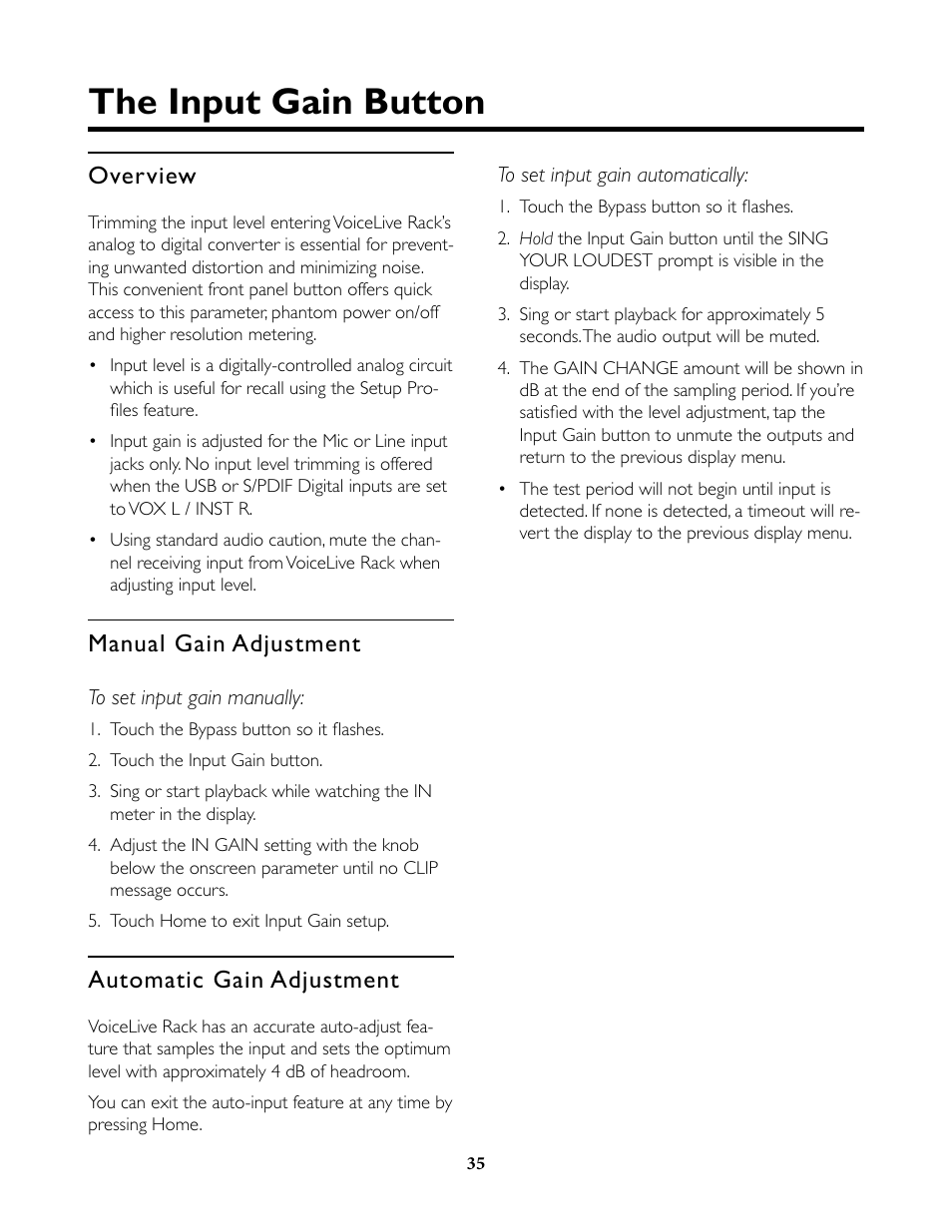 The input gain button, Overview, Manual gain adjustment | Automatic gain adjustment | TC-Helicon VoiceLive Rack Full User's Manual User Manual | Page 36 / 89