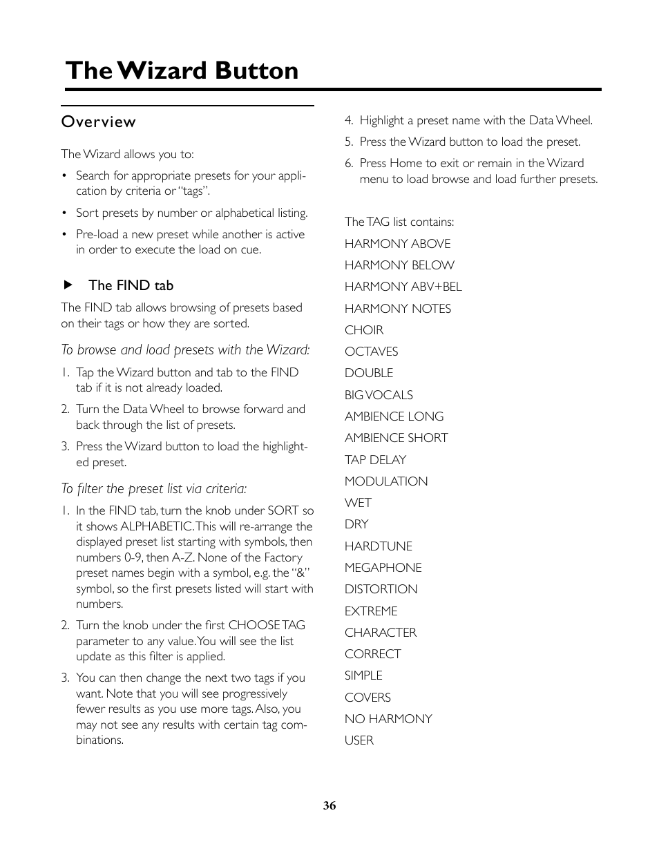 The wizard button, Overview, The find tab | Overview the find tab | TC-Helicon VoiceLive Rack Full User's Manual User Manual | Page 37 / 89