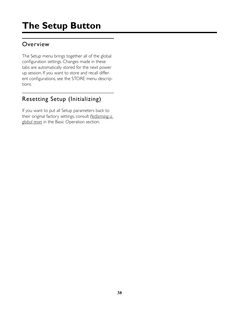 The setup button, Overview, Resetting setup (initializing) | Overview resetting setup (initializing) | TC-Helicon VoiceLive Rack Full User's Manual User Manual | Page 39 / 89