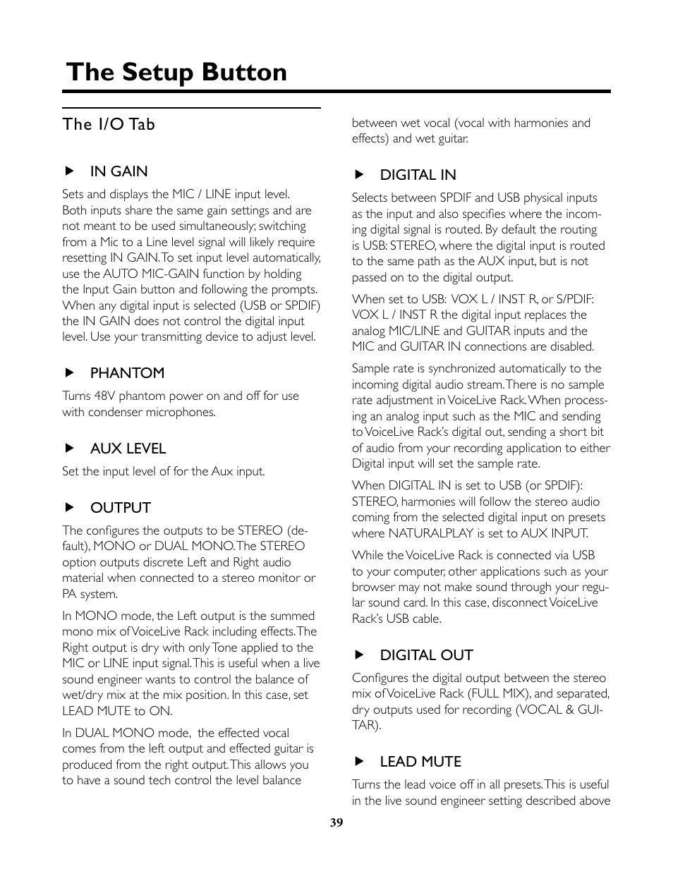 The i/o tab, In gain, Phantom | Aux level, Output, Digital in, Digital out, Lead mute, The setup button | TC-Helicon VoiceLive Rack Full User's Manual User Manual | Page 40 / 89
