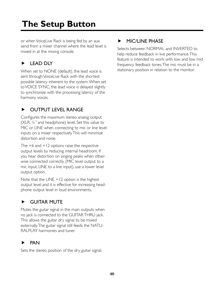 Lead dly, Output level range, Guitar mute | Mic/line phase, The setup button | TC-Helicon VoiceLive Rack Full User's Manual User Manual | Page 41 / 89