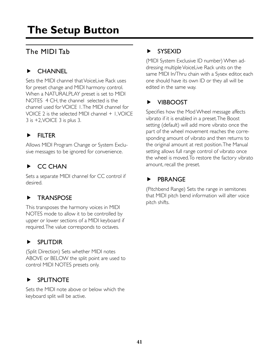 The midi tab, Channel, Filter | Cc chan, Transpose, Splitdir, Splitnote, Sysexid, Vibboost, Pbrange | TC-Helicon VoiceLive Rack Full User's Manual User Manual | Page 42 / 89