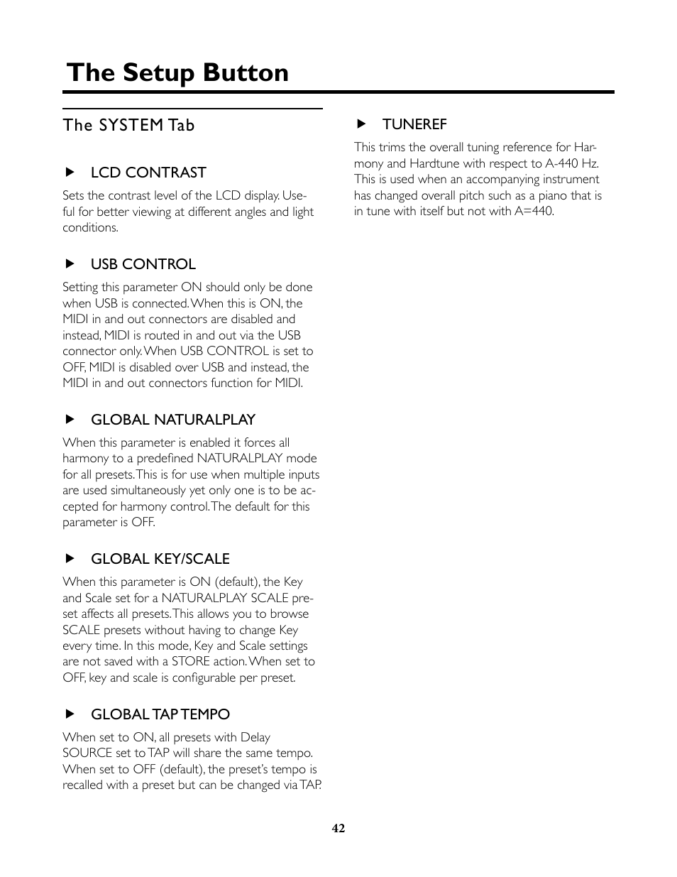 The system tab, Lcd contrast, Usb control | Global naturalplay, Global key/scale, Global tap tempo, Tuneref, The setup button | TC-Helicon VoiceLive Rack Full User's Manual User Manual | Page 43 / 89