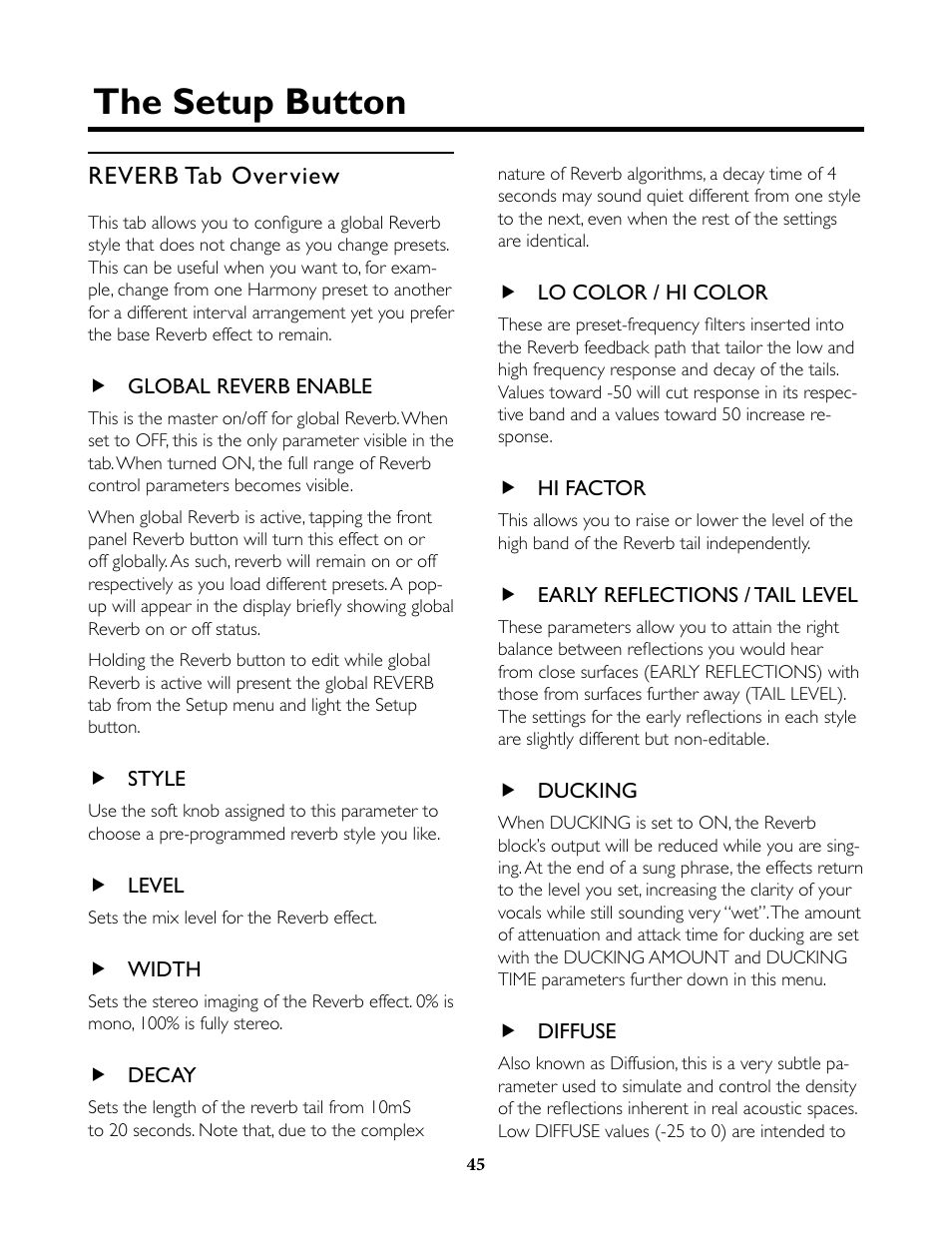 Reverb tab overview, Global reverb enable, Style | Level, Width, Decay, Lo color / hi color, Hi factor, Early reflections / tail level, Ducking | TC-Helicon VoiceLive Rack Full User's Manual User Manual | Page 46 / 89
