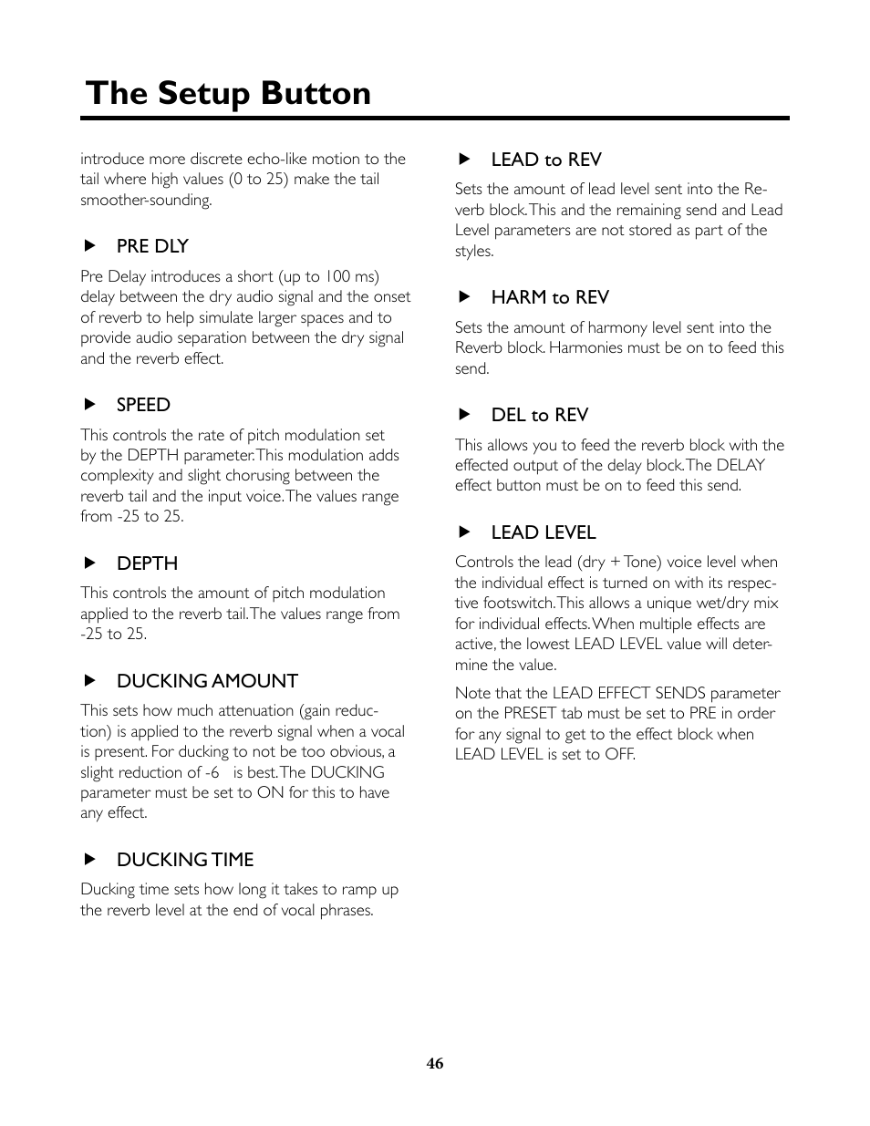 Pre dly, Speed, Depth | Ducking amount, Ducking time, Lead to rev, Harm to rev, Del to rev, Lead level, The setup button | TC-Helicon VoiceLive Rack Full User's Manual User Manual | Page 47 / 89