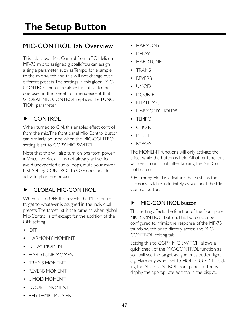 Mic-control tab overview, Control, Global mic-control | Mic-control button, Control global mic-control mic-control button, The setup menu: mic-control to set a single, The setup button | TC-Helicon VoiceLive Rack Full User's Manual User Manual | Page 48 / 89