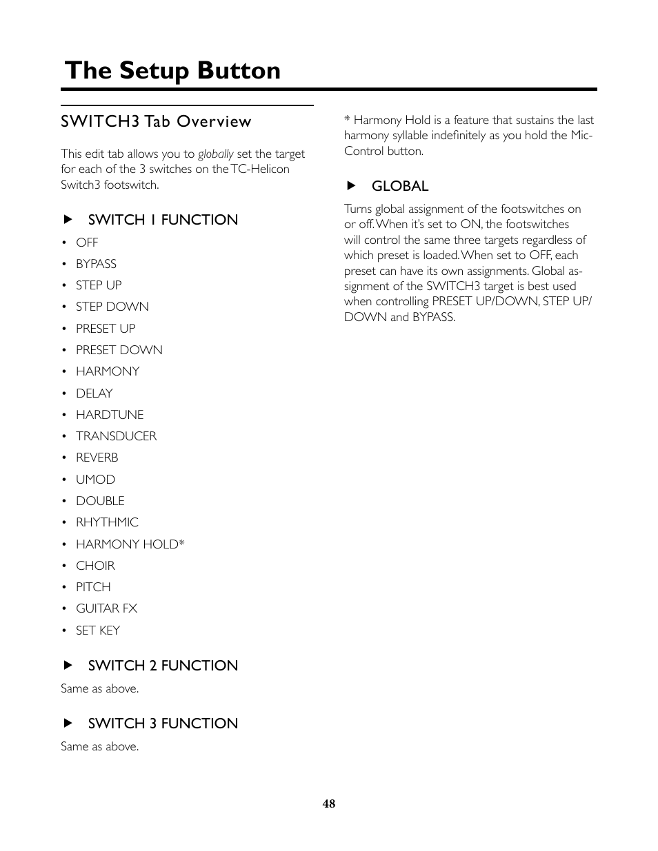 Switch3 tab overview, Switch 1 function, Switch 2 function | Switch 3 function, Global, The setup menu: switch3, The setup button | TC-Helicon VoiceLive Rack Full User's Manual User Manual | Page 49 / 89