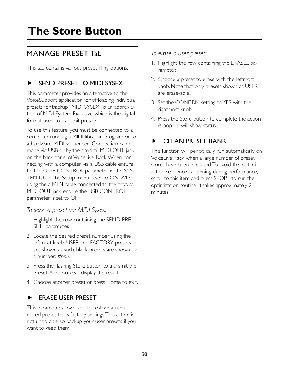 Manage preset tab, Send preset to midi sysex, Erase user preset | Clean preset bank, The store button | TC-Helicon VoiceLive Rack Full User's Manual User Manual | Page 51 / 89