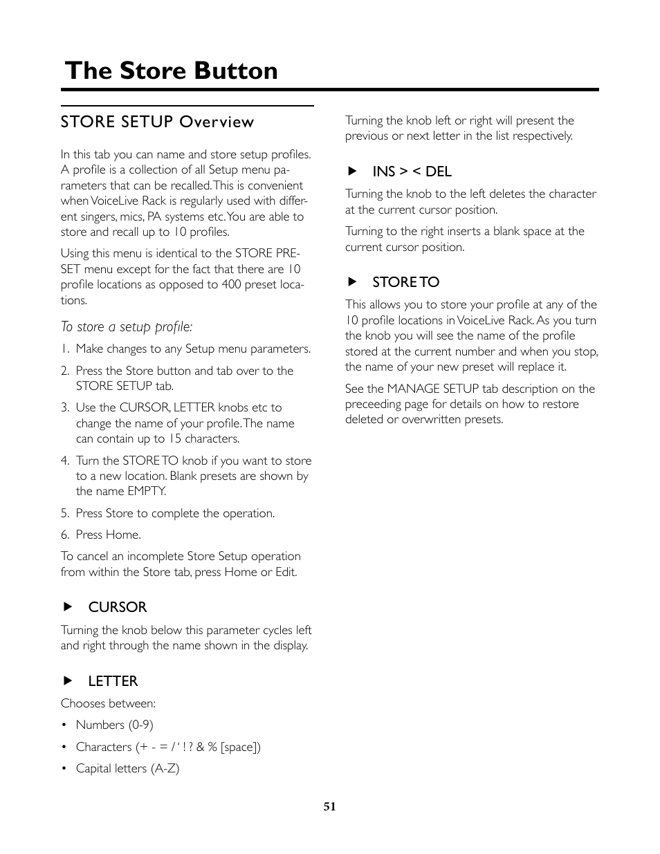 Store setup overview, Cursor, Letter | Ins > < del, Store to, The store button | TC-Helicon VoiceLive Rack Full User's Manual User Manual | Page 52 / 89