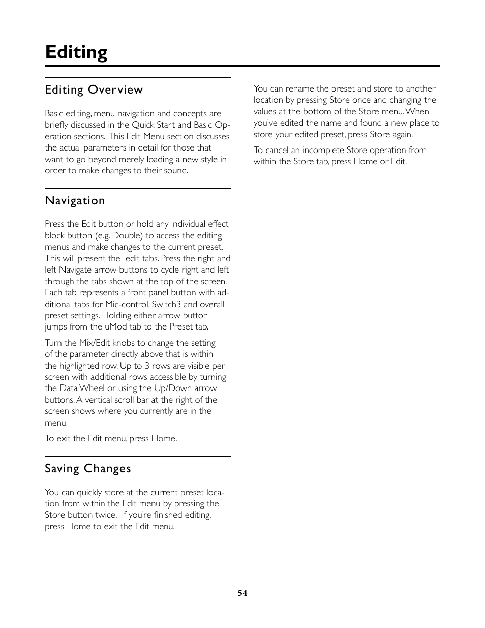 Editing, Editing overview, Navigation | Saving changes, Editing overview navigation saving changes | TC-Helicon VoiceLive Rack Full User's Manual User Manual | Page 55 / 89