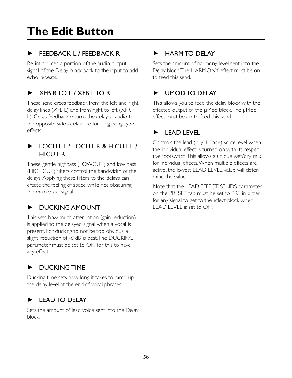 Feedback l / feedback r, Xfb r to l / xfb l to r, Locut l / locut r & hicut l / hicut r | Ducking amount, Ducking time, Lead to delay, Harm to delay, Umod to delay, Lead level, The edit button | TC-Helicon VoiceLive Rack Full User's Manual User Manual | Page 59 / 89