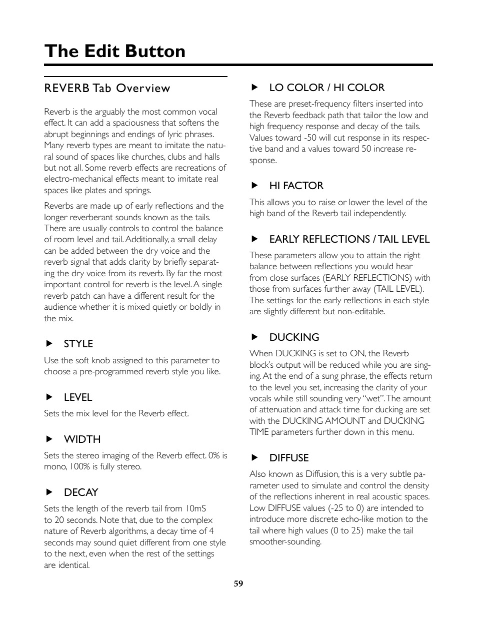 Reverb tab overview, Style, Level | Width, Decay, Lo color / hi color, Hi factor, Early reflections / tail level, Ducking, Diffuse | TC-Helicon VoiceLive Rack Full User's Manual User Manual | Page 60 / 89