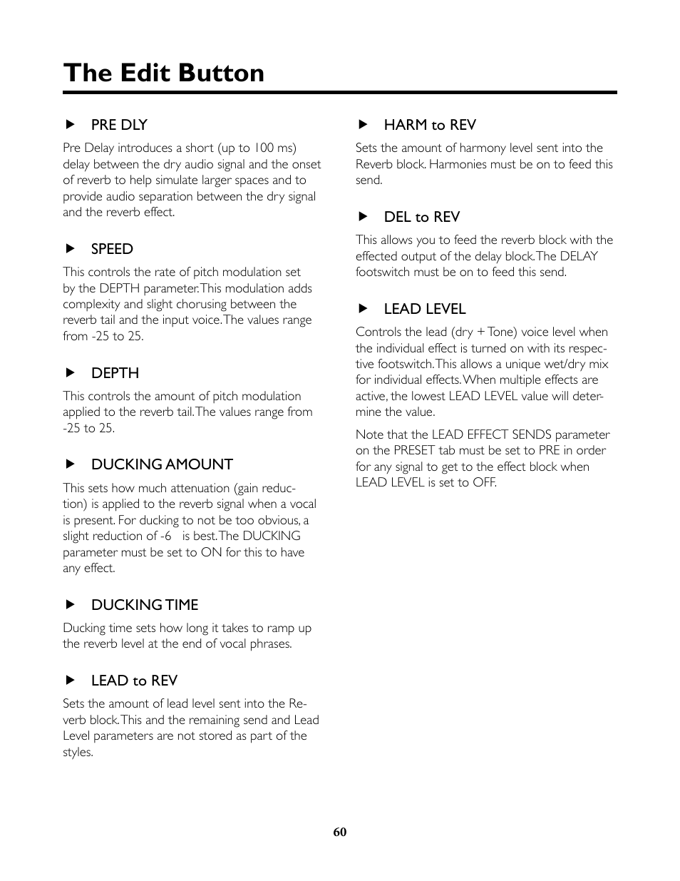 Pre dly, Speed, Depth | Ducking amount, Ducking time, Lead to rev, Harm to rev, Del to rev, Lead level, The edit button | TC-Helicon VoiceLive Rack Full User's Manual User Manual | Page 61 / 89