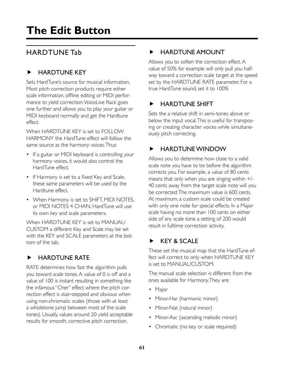 Hardtune tab, Hardtune key, Hardtune rate | Hardtune amount, Hardtune shift, Hardtune window, Key & scale, The edit button | TC-Helicon VoiceLive Rack Full User's Manual User Manual | Page 62 / 89