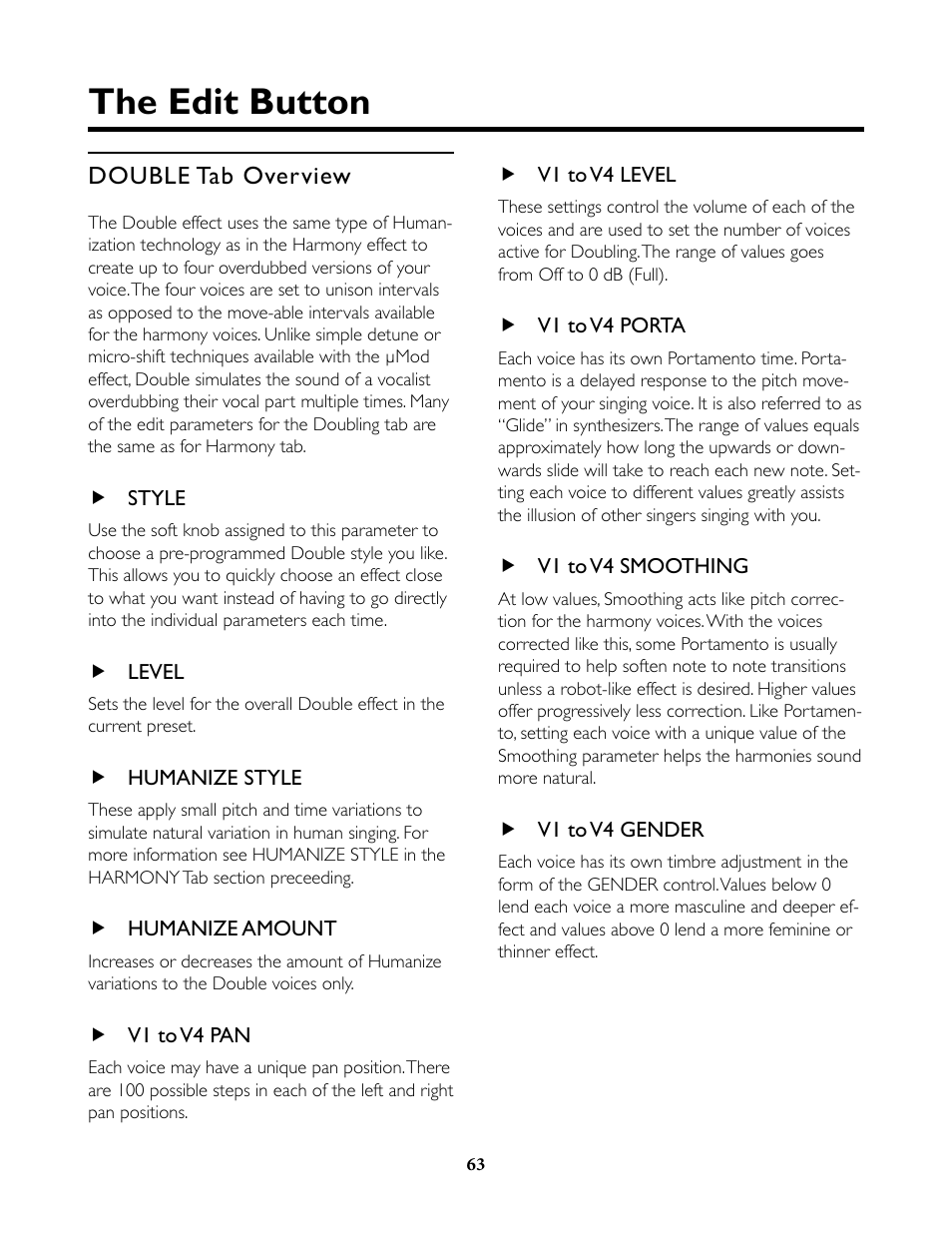 Double tab overview, Style, Level | Humanize style, Humanize amount, V1 to v4 pan, V1 to v4 level, V1 to v4 porta, V1 to v4 smoothing, V1 to v4 gender | TC-Helicon VoiceLive Rack Full User's Manual User Manual | Page 64 / 89