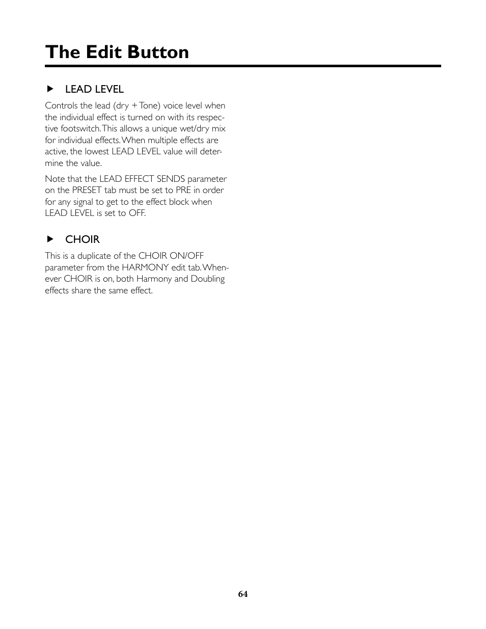 Lead level, Choir, Lead level choir | The edit button | TC-Helicon VoiceLive Rack Full User's Manual User Manual | Page 65 / 89