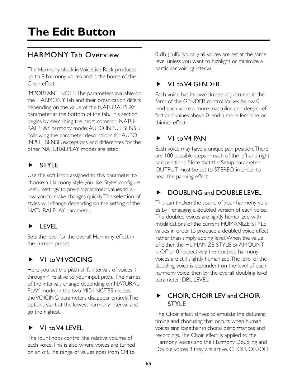 Harmony tab overview, Style, Level | V1 to v4 voicing, V1 to v4 level, V1 to v4 gender, V1 to v4 pan, Doubling and double level, Choir, choir lev and choir style, The edit button | TC-Helicon VoiceLive Rack Full User's Manual User Manual | Page 66 / 89