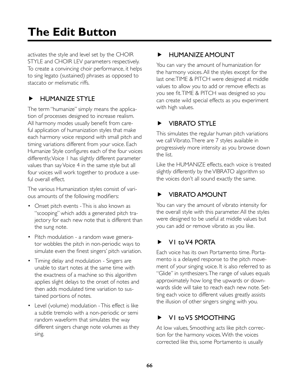 Humanize style, Humanize amount, Vibrato style | Vibrato amount, V1 to v4 porta, V1 to v5 smoothing, The edit button | TC-Helicon VoiceLive Rack Full User's Manual User Manual | Page 67 / 89