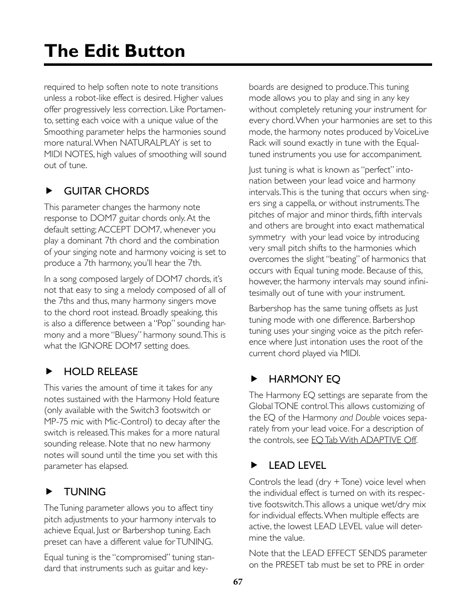 Guitar chords, Hold release, Tuning | Harmony eq, Lead level, The edit button | TC-Helicon VoiceLive Rack Full User's Manual User Manual | Page 68 / 89