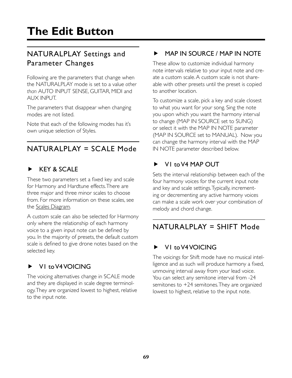 Naturalplay settings and parameter changes, Naturalplay = scale mode, Key & scale | V1 to v4 voicing, Map in source / map in note, V1 to v4 map out, Naturalplay = shift mode, The edit button | TC-Helicon VoiceLive Rack Full User's Manual User Manual | Page 70 / 89